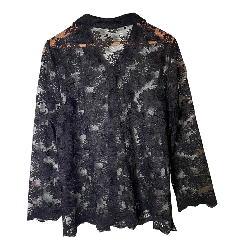 Womens Black Floral Sheer Lace Button Down Long Sleeve Shirt Large Scallop Hem - Picture 2 of 7